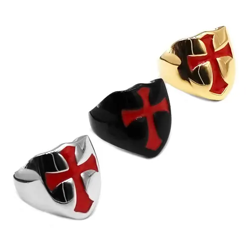 Armor Shield Knight Templar Red Cross Biker Ring Stainless Steel Jewelry Medieval Signet Retro Vintage Ring Wholesale SWR0684