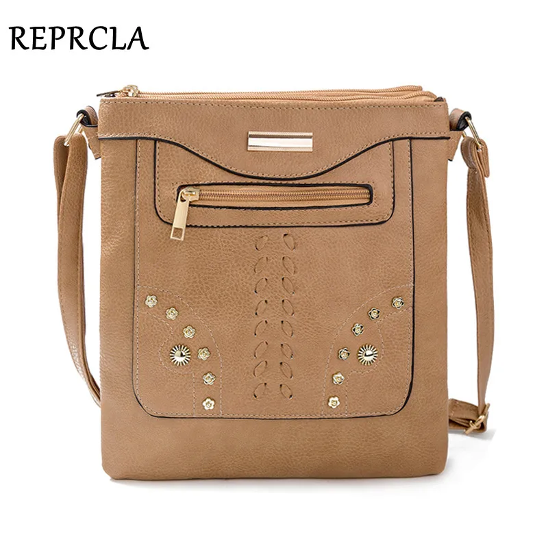 REPRCLA Large Double-layer Women Bag Vintage PU Leather Crossbody Shoulder Bags Handbag Rivet Female Messenger Bags Bolsa