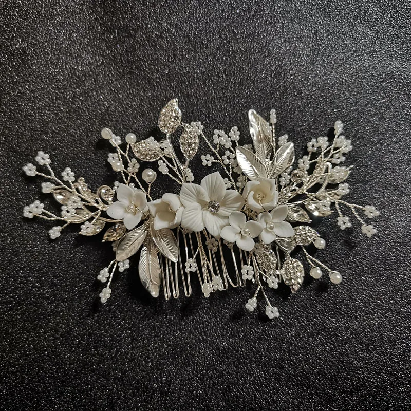 SLBRIDAL Handmade Crystal Rhinestones Pearls Flower Wedding Jewelry Hair Comb Bridal Headpieces Hair Accessories Bridesmaids