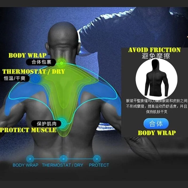 ผู้ชาย Shapers ออกกำลังกาย Slim Hooded Sweatshirt 3D ยืดหยุ่นรวดเร็วแห้ง Wicking กีฬาแขนยาว Windproof เสื้อกันหนาว