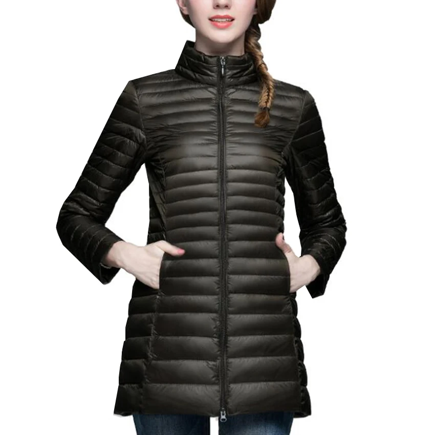 Jesień Zima Ultra Lekkie Białe Parki z Puchu Kaczym Kobiety Ciepła Kurtka Puchowa Kobieta Slim Satnd Kołnierz Midi Długi Puffer Płaszcz Odzież wierzchnia