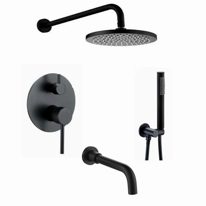 

Matte Black 8"10"12"16" stainless steel Rian Shower Head brass wall mounted Shower with black spout Mixer Handheld Spray Set