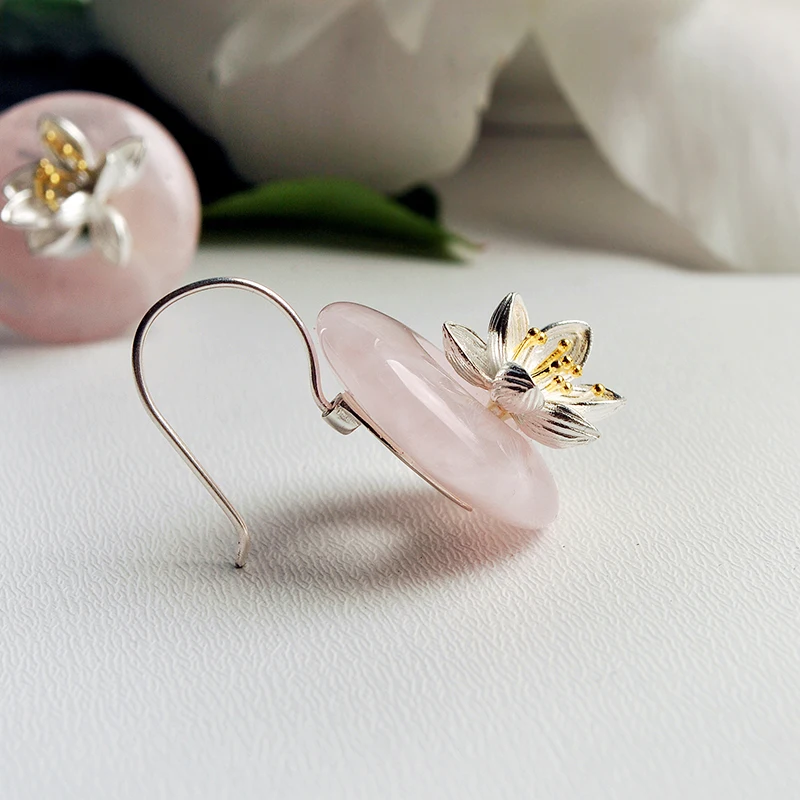 Lotus Fun Moment Real 925 Sterling Silver Natural Stone Creative Handmade Fashion Jewelry Lotus Whispers Drop Earrings for Women