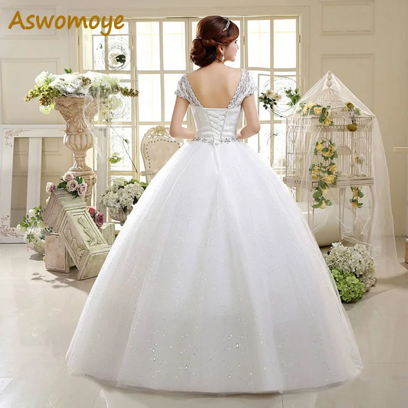 2020 neue Mode A-linie Hochzeit Kleider Oansatz Kurzarm Perlen Schärpen Weiß Ballkleid Lace Up Braut Kleid Vestidos De novia