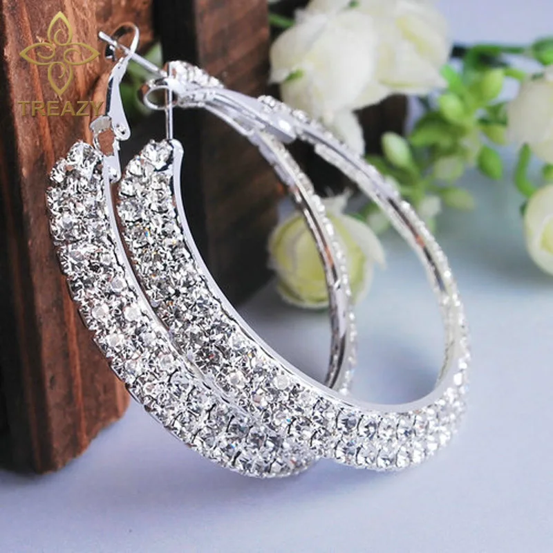 TREAZY-pendientes de aro chapados en plata para mujer, aretes redondos de cristal con diamantes de imitación, joyería de boda, 2 filas, 40MM