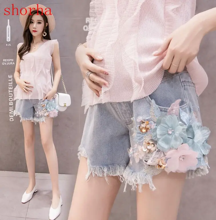 

Summer Casual Stomach Lift Denim Maternity Shorts Three-dimensional Embroidery Jeans Short Pants For Pregnant Women Clothing