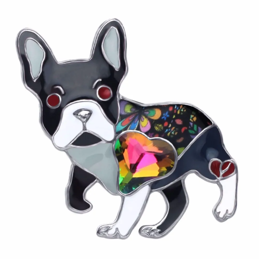 Bonsny Alloy Enamel Rhinestone French Bulldog Pug Dog Brooches Clothes Scarf Decoration Jewelry Pin For Women Girls Gift Bijoux