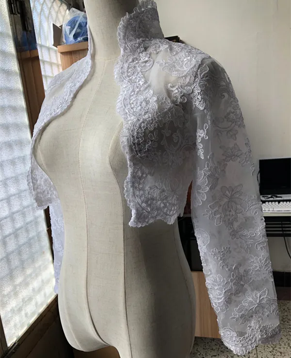 Imagem real do vintage jaquetas de casamento frente aberto branco marfim nupcial bolero rendas apliques alta pescoço manga longa personalizado envoltórios jaqueta