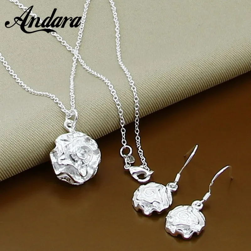 Jewelry Set Delicate 925 Sterling Silver Plant Flower Earring Necklace Set for Women Girl Valentine's Day Gift