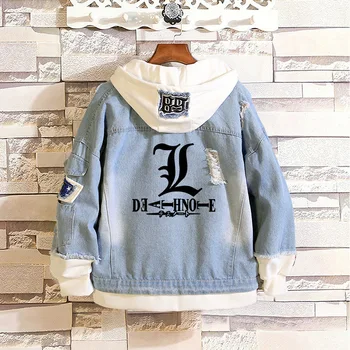 Anime Attack on Titan Unisex Streetwear Long Hooded Jeans Jacket Guilty Crown Death Note Harajuku Denim Patchwork Hoodies Coat 4