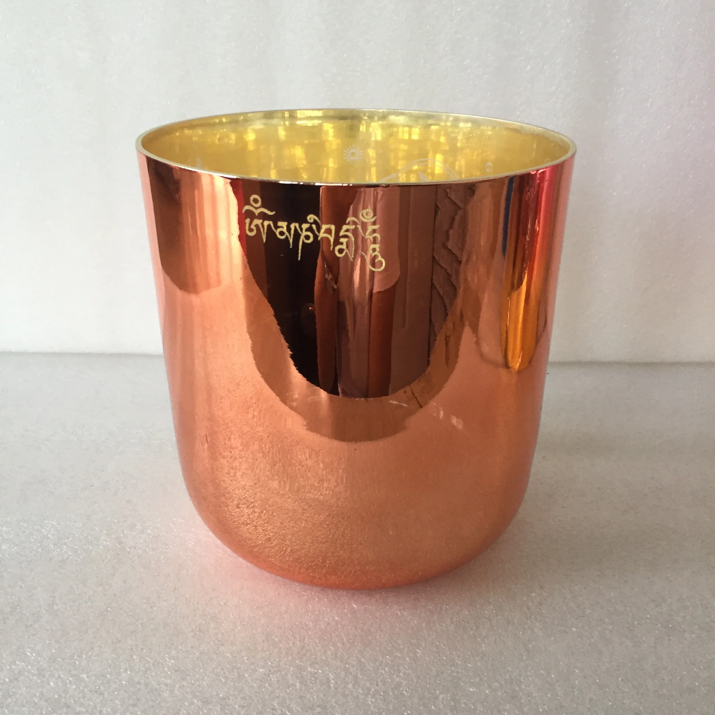 

4th Octave about 6" rose golden color Crystal Singing bowl Perfect D# Note adrenals chakra w Tara Buddha design, sound healing