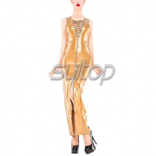 Suitop Gold latex rubber party  dress lace up with zip