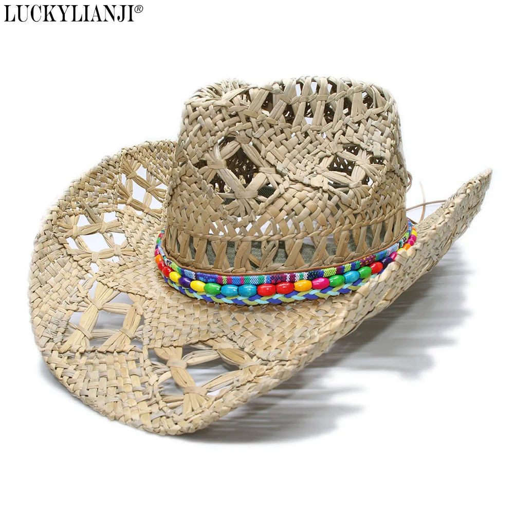 

LUCKYLIANJI Women's Men's Unisex's Vintage Wide Brim Straw Sun Beach Cowboy Cowgirl Western Hat Bohemian Beaded Band (58cm)