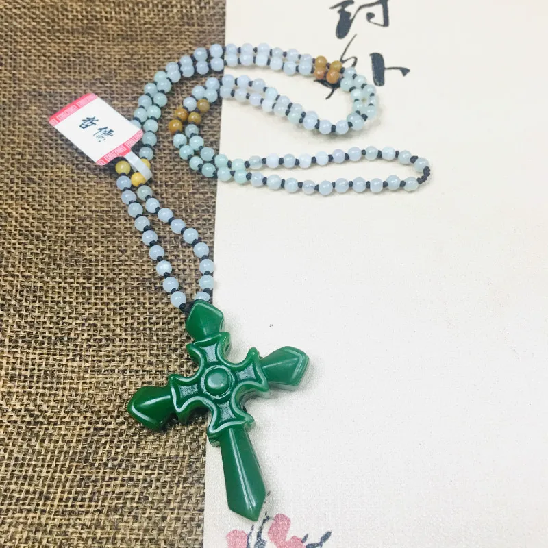 Zheru Jewelry Pure Natural Jasper Carved Green Cross Pendant Tricolor Jadeite Bead Necklace Send Class A Certificate