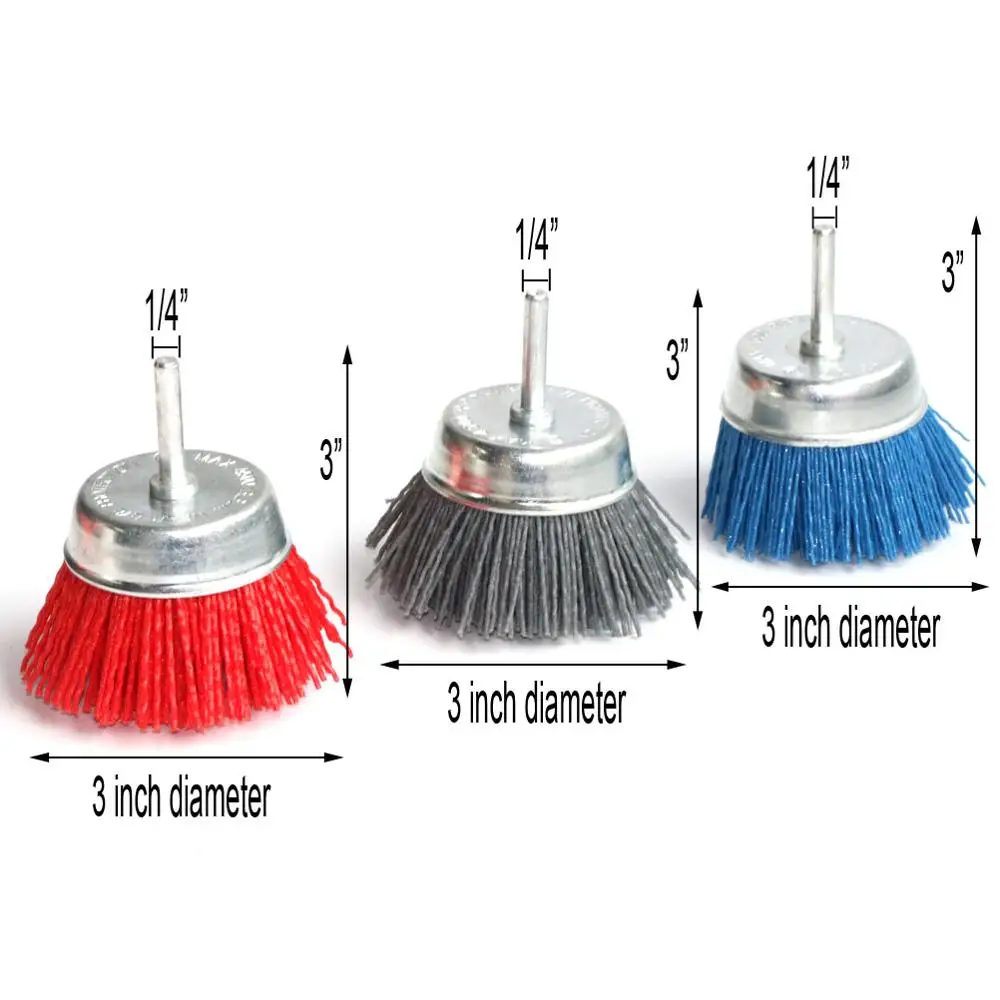 3 개 3 "나일론 컵 브러쉬, 연마 와이어 휠 세트 청소 연마 디버링 및 용접 제거, 1/4 생크 3 개 포함
