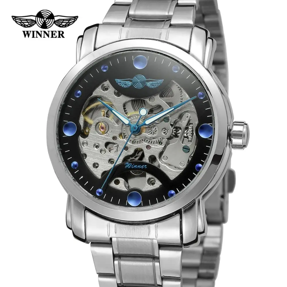 

T-WINNER WATCH Fashion Creative surface blue dot beads black no digital dial Steel strip men's automatic mechanical watch