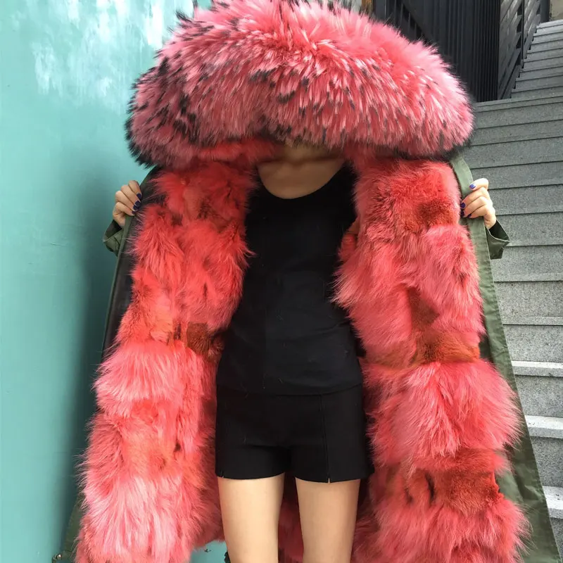 

Watermelon Red Fox Fur Parka Winter Long Fur Coat For Women Raccoon Fur Collar Overcoat Ladies Wear