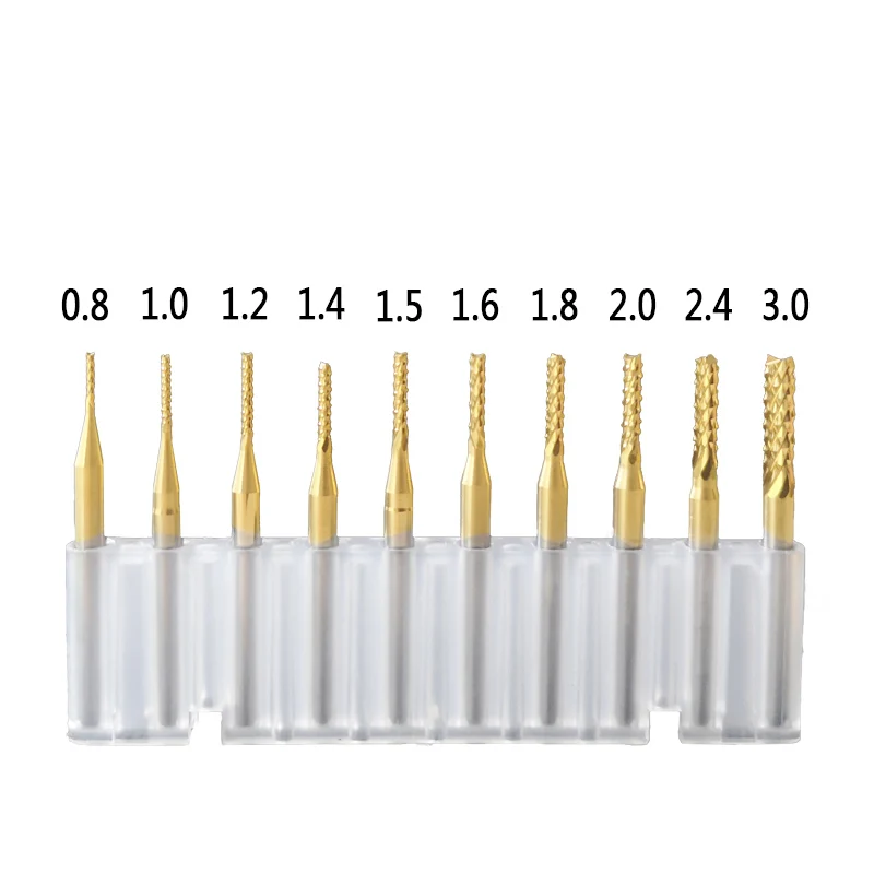 Fraise en bout de maïs, revêtement en étain de 3.175mm, PCB bits de fraisage pour PVC PCB CNC routeur bits 0.8mm à 3.0mm 10 pièces/lot