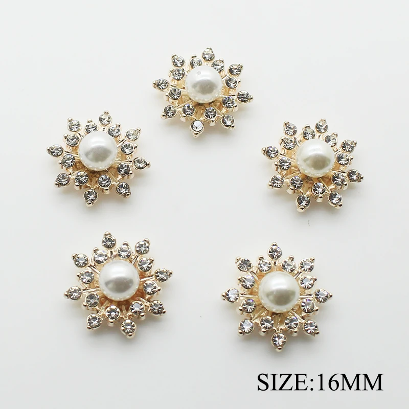 50pcs/lot16MM  Gold Pearl Button Flat Back Snap Rhinestone Buttons for Clothing Women Hair DIY Accessories Shirt Tie Decorative