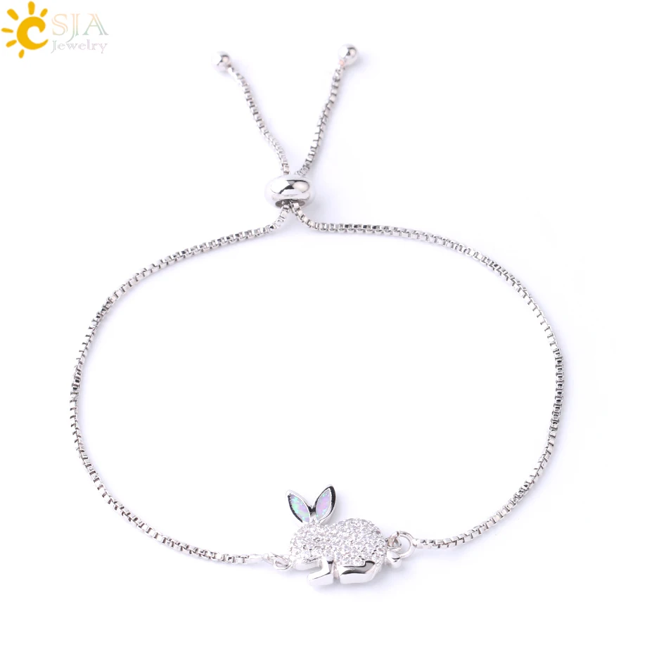 CSJA Lovely Rabbit Bracelet Luxury Bunny Bracelets Fire Opal Zircon Thin Link Rose Gold Color Wrist Chain for Women Girl G074