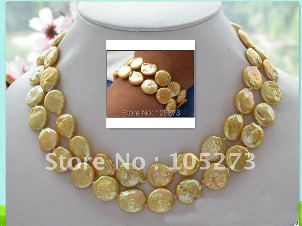 

2Rows AA 13-14MM Golden Coin Freshwater Pearl Necklace + Bc Shell Clasp 17'-19'inchs Fashion Jewellery New Free Shipping FN2139A