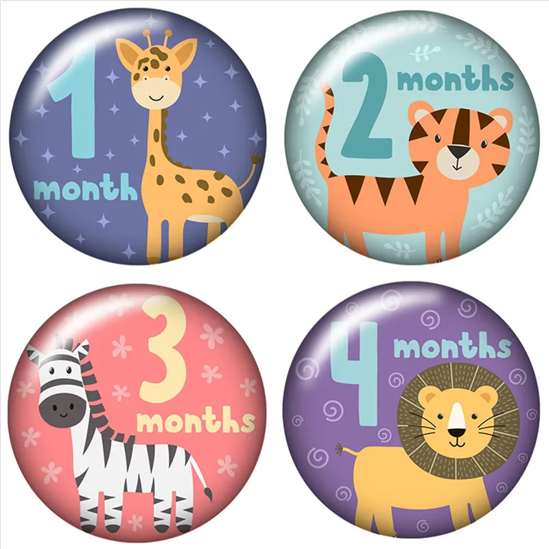 12 months cartoon animals 10pcs mixed 12mm/16mm/18mm/25mm Round photo glass cabochon demo flat back Making findings ZB0454