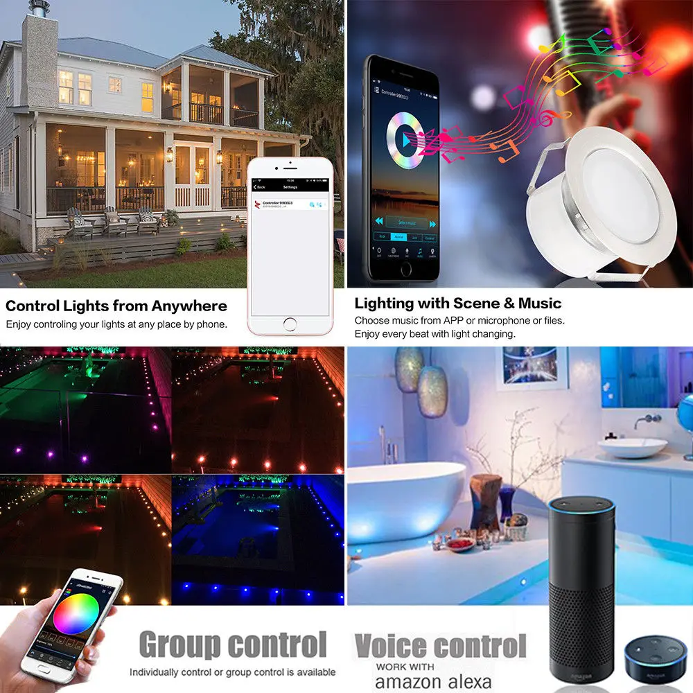 10Pcs/Set 30mm RGB Changeable Color 12V LED Deck Stair Step Terrace Lights Wifi Controller Dimmer Timer for Alexa Google Home