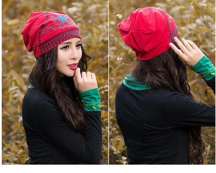 Ethnic Skullies Beanies Women Autumn Spring Mexican Style Hippie Black Blue Red Floral Embroidery Hat Beanies