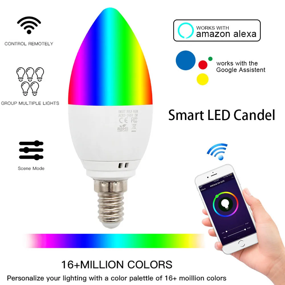 

Smart WiFi Candle Bulb E14/E27 RGB Bulb Support Alexa/Google Home/IFTTT Smart Speaker Voice Control 5W Led Lights Decoration