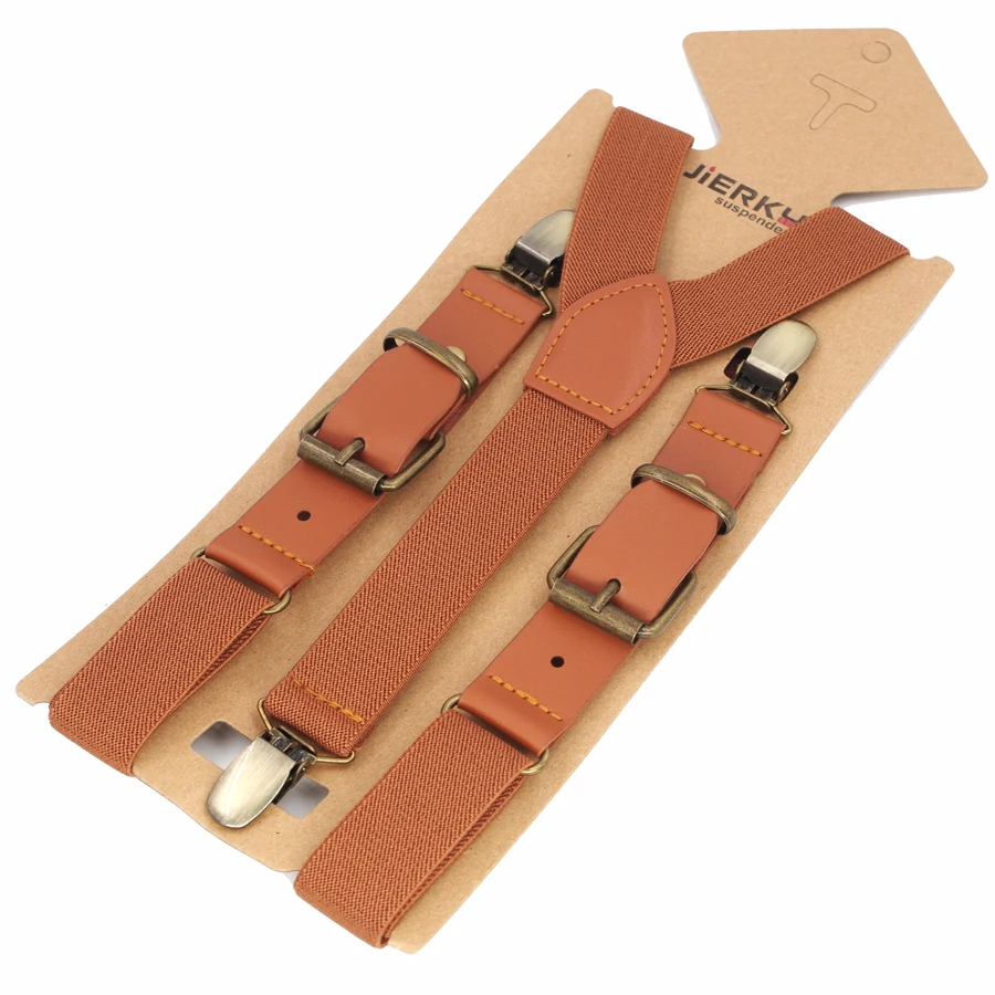 JIERKU Boy Suspenders Kid's Braces Baby Leather Suspenders 3Clips Bronze Suspensorio Fashion Trousers Strap 2.5*75cm