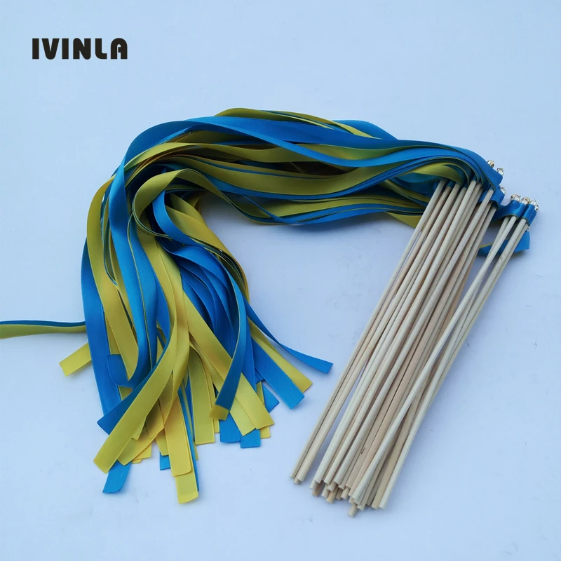 

Newest 50pcs/lot Blue & Yellow wedding ribbon wands With gold Bells for wedding party