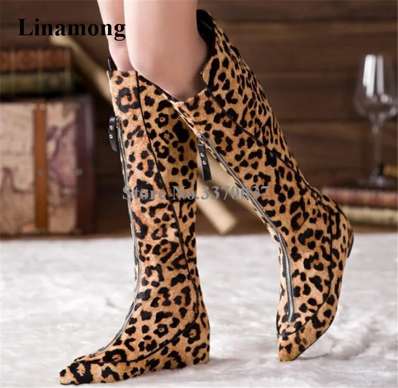 

Women New Design Front Zipper-up Suede Leather Leopard Knee High Boots Pointed Toe Height Increasing 4cm Heels Long Boots