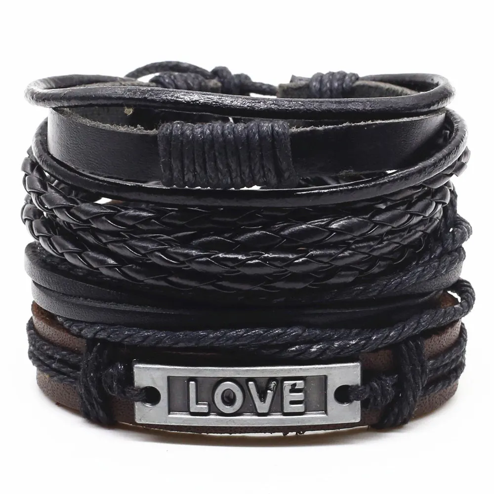 New 4 Pcs/set Weave Vintage Punk Beads Male Women Feather Men Leather Charm Bracelets Female Homme Jewelry