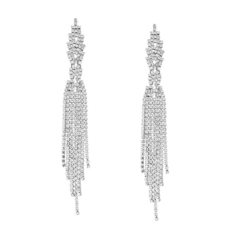 Luxury Rhinestone Chain Tassel Studs Earrings For Women Chunky Long Pendant Post Earrings Fashion Bridal Earrings Pendientes