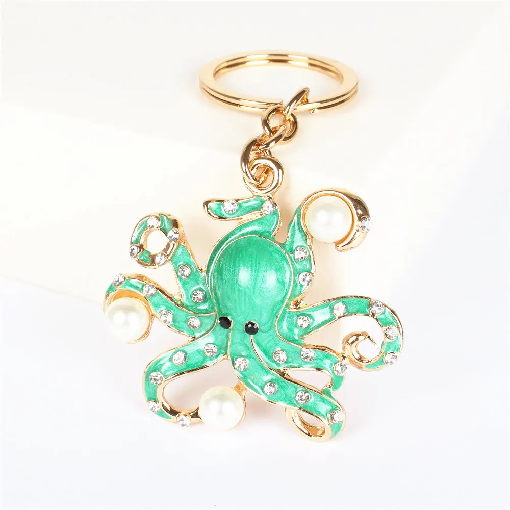 Green Octopus Pearl Cute Crystal Charm Purse Handbag Car Key Keyring Keychain Party Wedding Birthday Gift