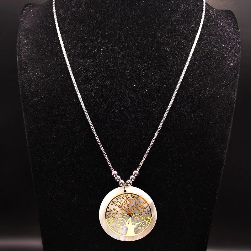 Tree of Life Stainless Steel Necklace for Women Gold Color Double layer Bead Necklaces Jewelry sautoirs femme longs N18431