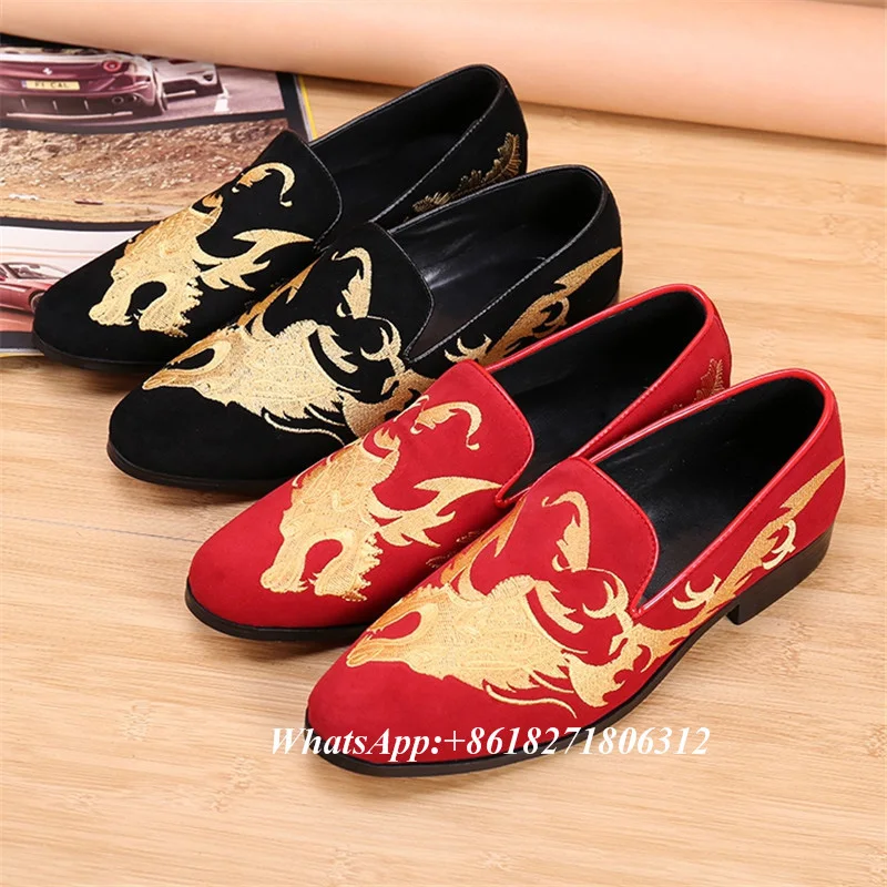 2018 High Quality Black Red Suede Flats Gold Embroideried Men's Casual Wedding Shoes Spring Autumn Big Size Slip On Men Loafers