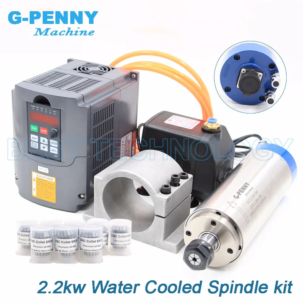 G-Penny 2.2kw Water Cooled Spindle kits 4 pcs Ceramic Ball Bearing ER20 & HY Inverter & 80mm Bracket & Water Pump & Collets