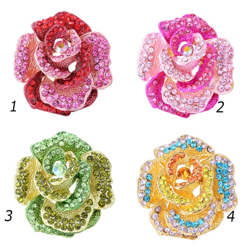 

Wholesale Fashion fancy sparkly Rose 5colors Flowers rose Crystal Rhinestone Brooch Pins for wedding invitation/gift/party