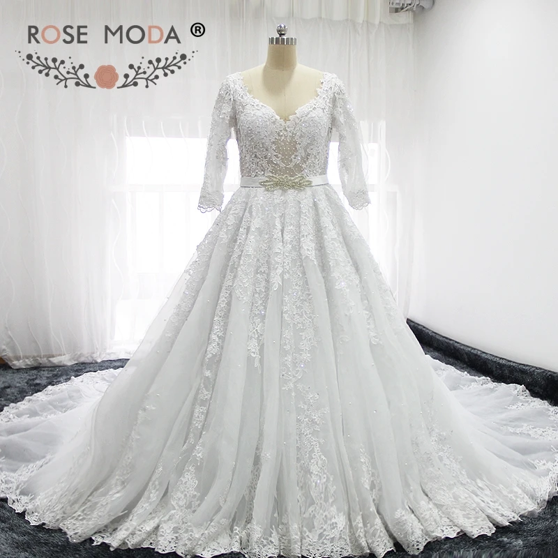 

Rose Moda Long Sleeves Lace V Neck Princess Wedding Dress with Royal Train Removable Crystal Sash Real Photos