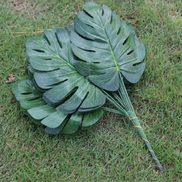 Hot sale 1pc Artificial fake Monstera palm tree Leaves green Plastic leaf wedding DIY decoration Pretty Flower arrangement plant