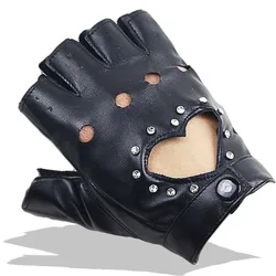Women Sexy PU Leather Mitten Female Night Club Rivets Punk Rock Show Half Finger Fitness Street Dance Thin Heart Gloves A80