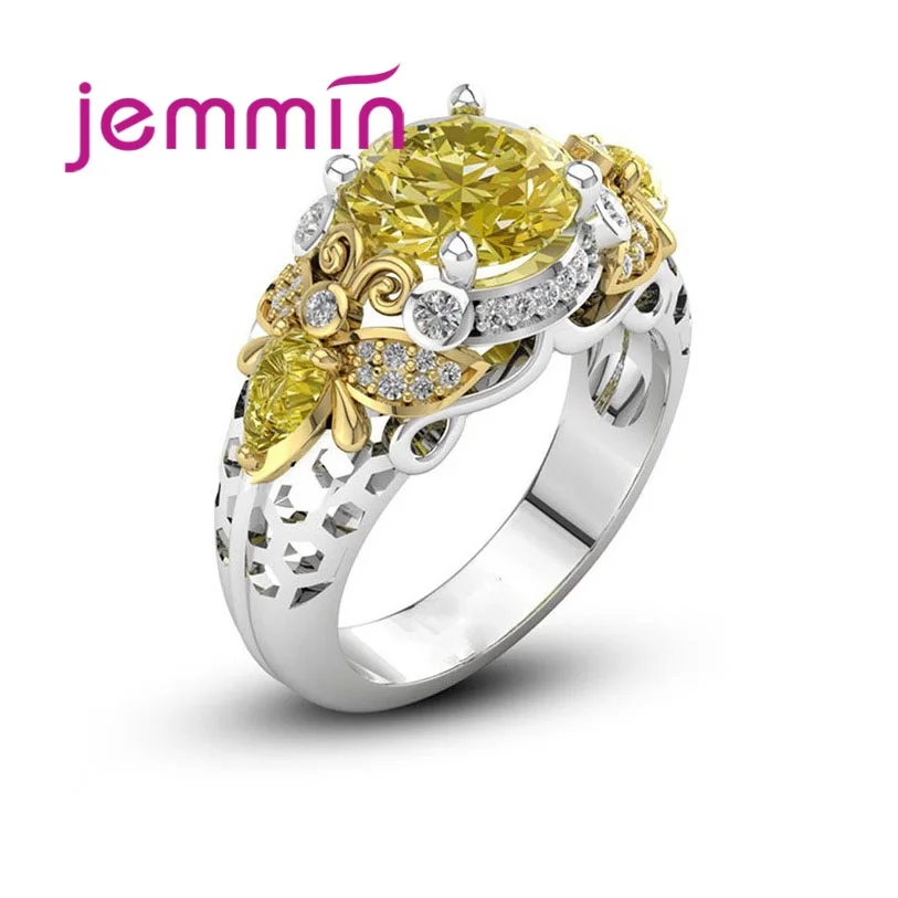 Best Gift Jewelry 925 Silver  Sparkling Lemon Cubic Zircon Statement Ring Yellow CZ Crystal Bee Design High Quality