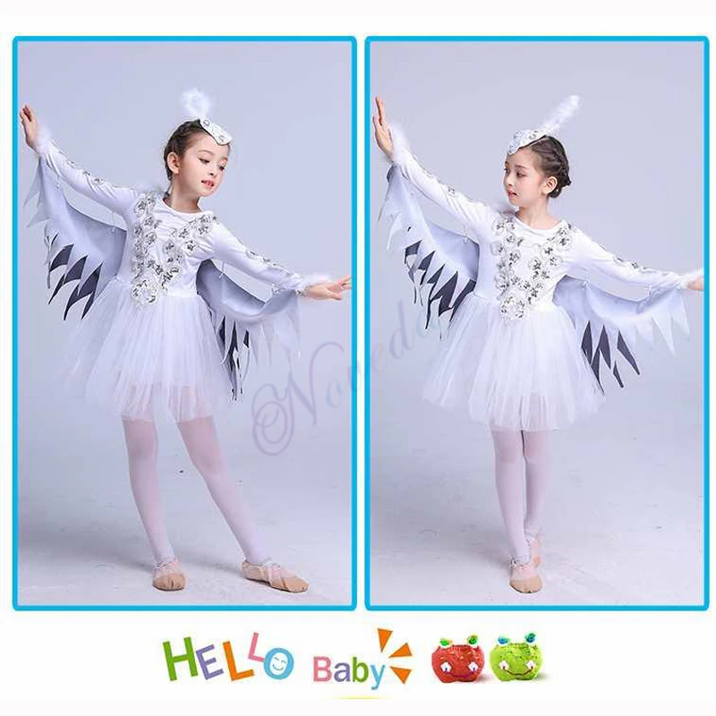 Kids Bird Costume Girls White Ballet Dance Dress Animal Cosplay Halloween Birds Fairy Wings Stage Performance Clothing