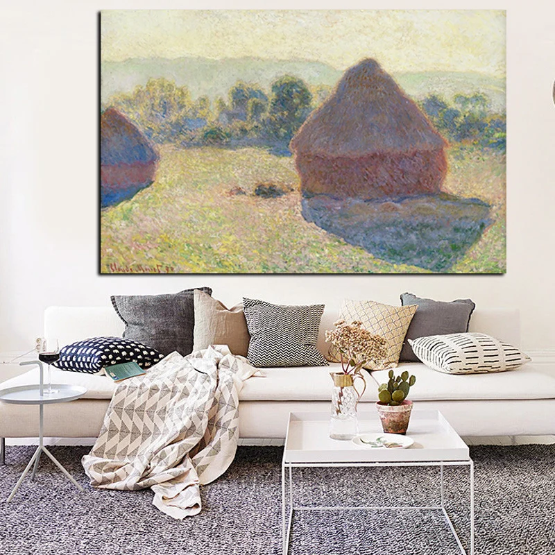 Claude Monet Winter on Morning Hay Stack Oil Painting on Canvas Art Wall Picture Poster for Living Room Sofa Cuadros