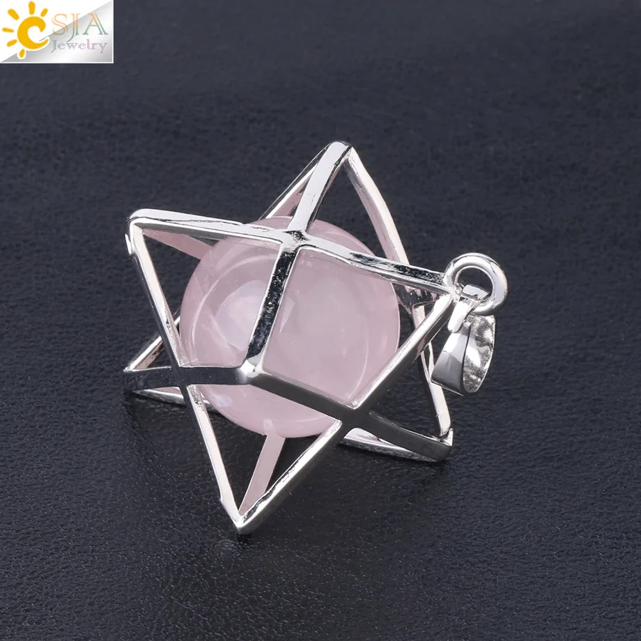 CSJA Natural Stone Hexagram Energy Pendants Necklace Religion Symbol Meditation Reiki Merkaba Pendant for Women Men Jewelry F876