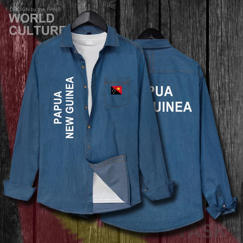 

Papua New Guinea Guinean Niugini Niu Gini PNG PG Men Flag Clothes Autumn Turn-down Collar Jeans Shirt Long Sleeve Cowboy Coat