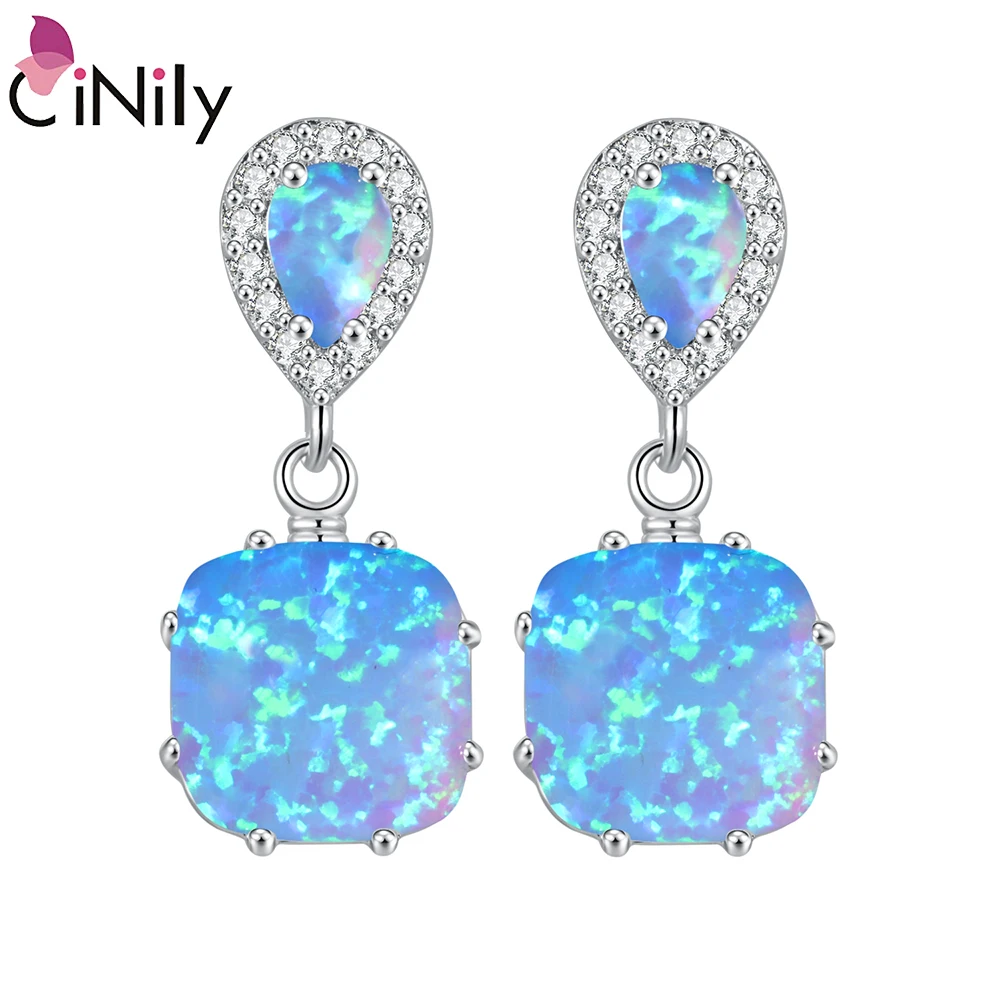 

CiNily Ocean Blue Fire Opal Long Stud Earrings Silver Plated Droplet CZ Crystal Stone Filled Earring Large Party Fully-jewelled