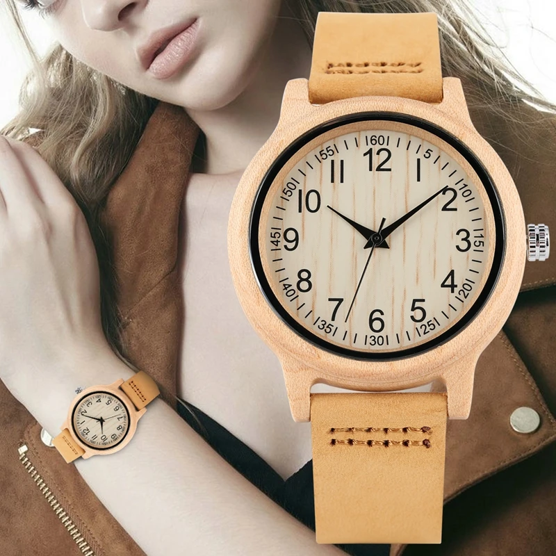 Natural Bamboo Wooden Watches Ladies Watch Female Precise Scale Wood Wristwatch Slim Leather Band Quartz Watches for Women Girls