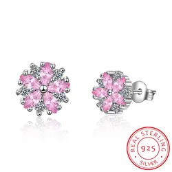 925 silver needle Pink Crystal Zirconia Cherry Blossom Flower Stud Earrings For Women Girl Brincos S-e242